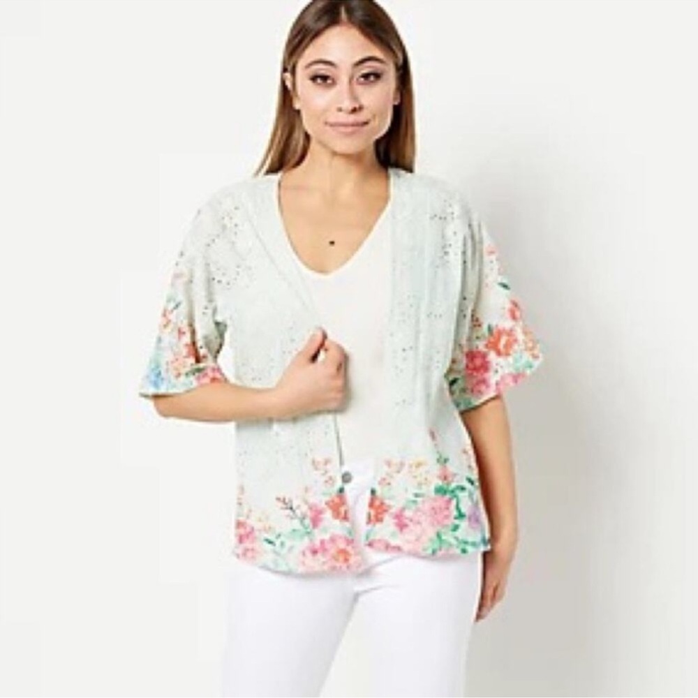 Tolani Collection floral embroidered open front eyelet cardigan Cover Up